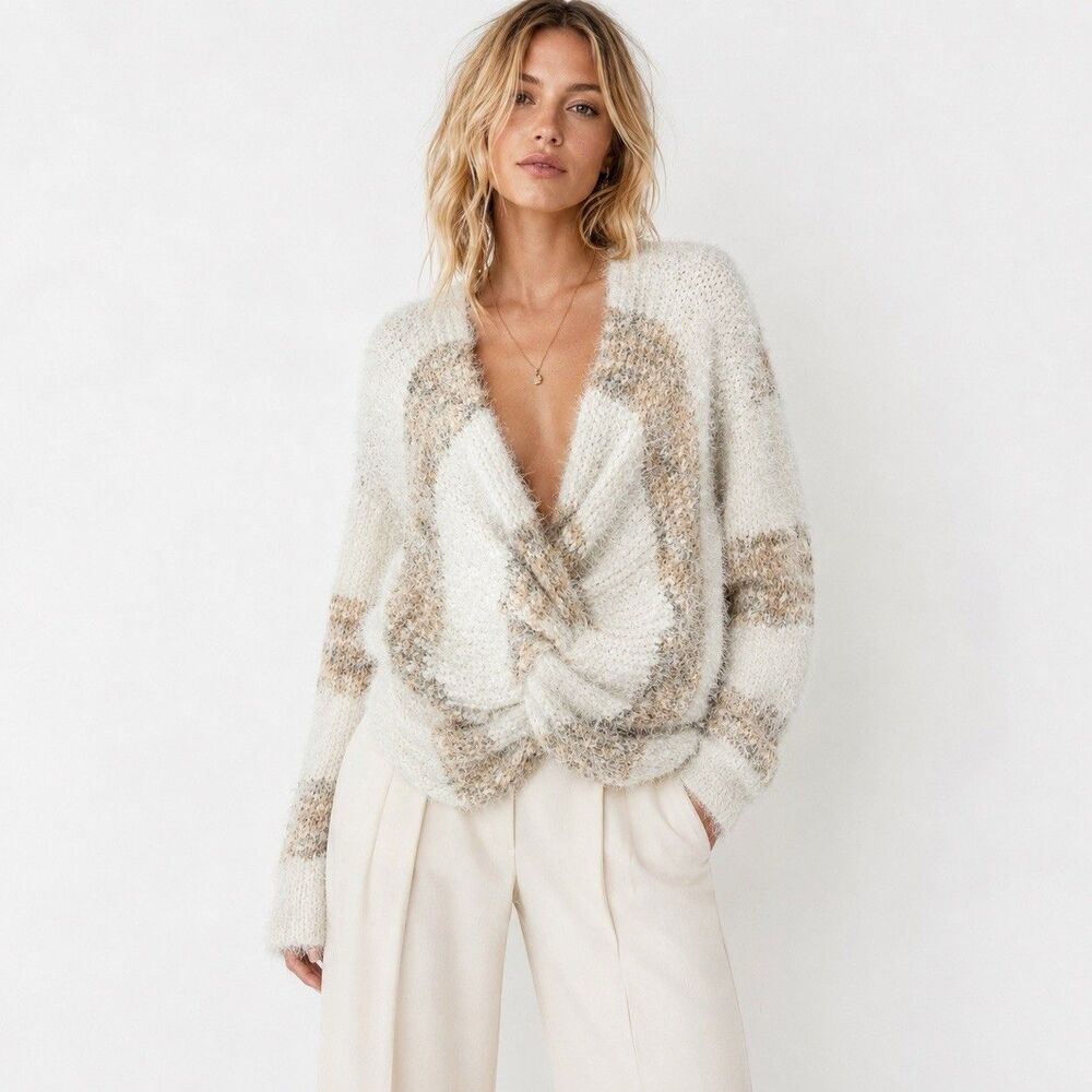 Kiss The Stars Wrap Front Sweater XL Cream Luxe Eyelash Knit Soft Fuzzy Cozy